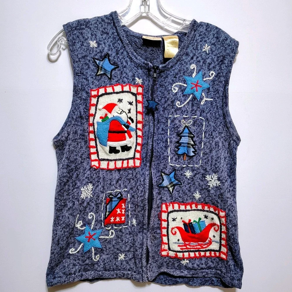 Bobbie Brooks Womens Blue‎ Santa Claus Christmas Sweater Vest Medium Zip up
